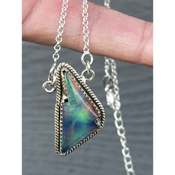Aurora Opal Sterling Silver Lightning Bolt Necklace 16-18” Southwest Boho Flash - Picture 4 of 7